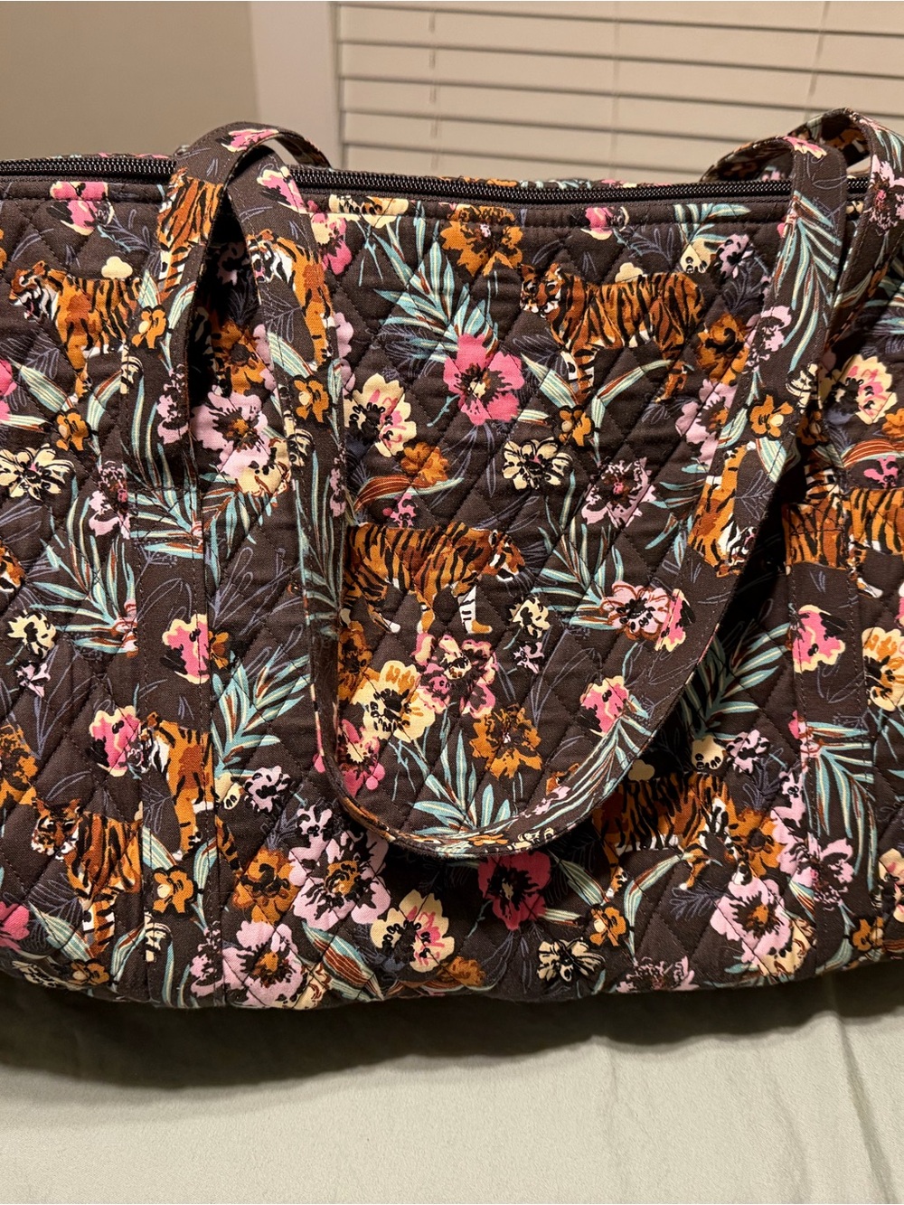 Vera Bradley Brown Quilted Tote with Pink, Orange & Green Floral Tiger Print